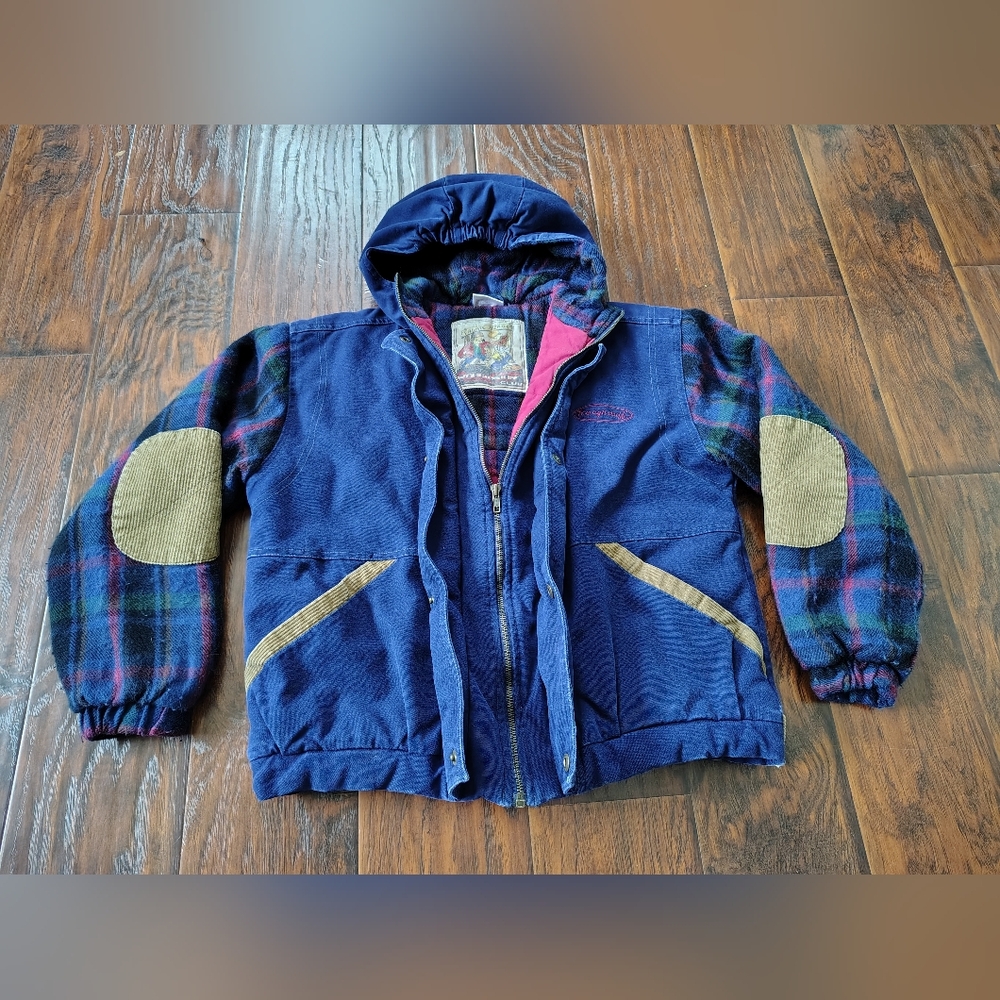 Vintage 90s Rough Stuff Club denim and plaid zipper hoodie jacket Size M